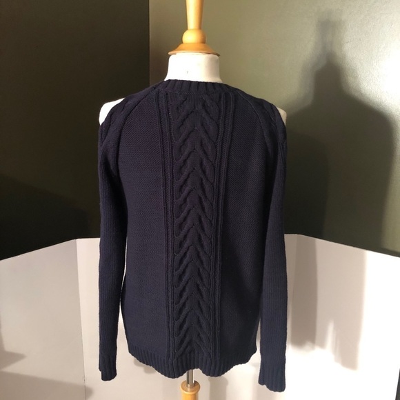 Loft Navy Cold Shoulder Cable Knit Sweater Sz M - Picture 2 of 8